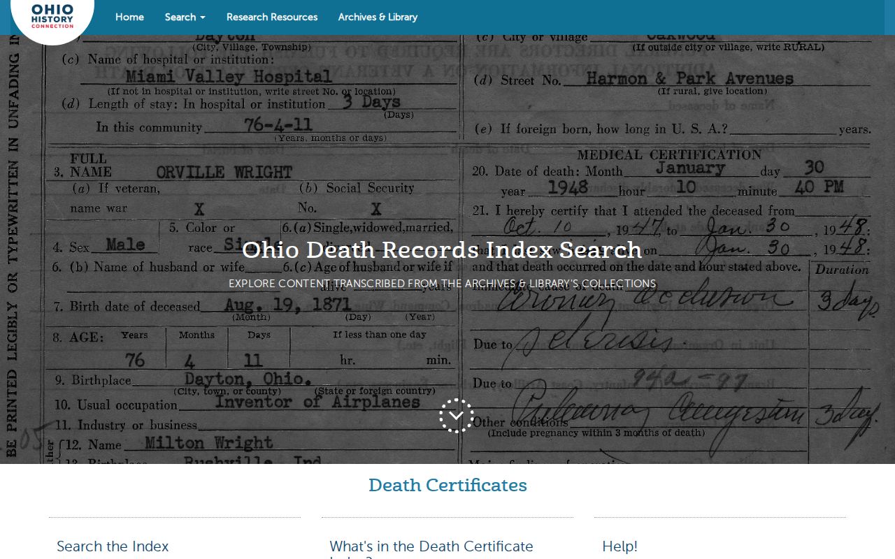 Stow resident lookup using the Ohio historical death-record search
