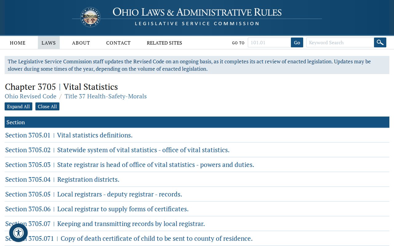 Stow resident lookup and Ohio vital-statistics statute